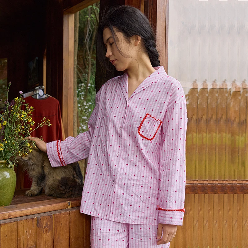 朵朵可可睡衣女秋冬新款纯棉小翻领撞色花边剪花条纹家居服003