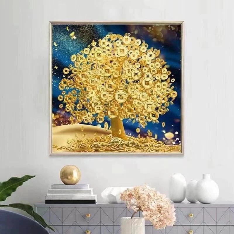 70大格90091纯手工绣好的十字绣成品353金色摇钱树装饰画