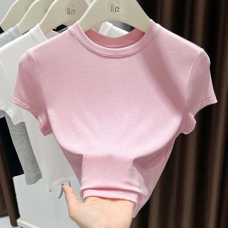 粉色甜辣多巴胺冰丝莫代尔针织短袖T恤女夏镂空露背打底薄款上衣