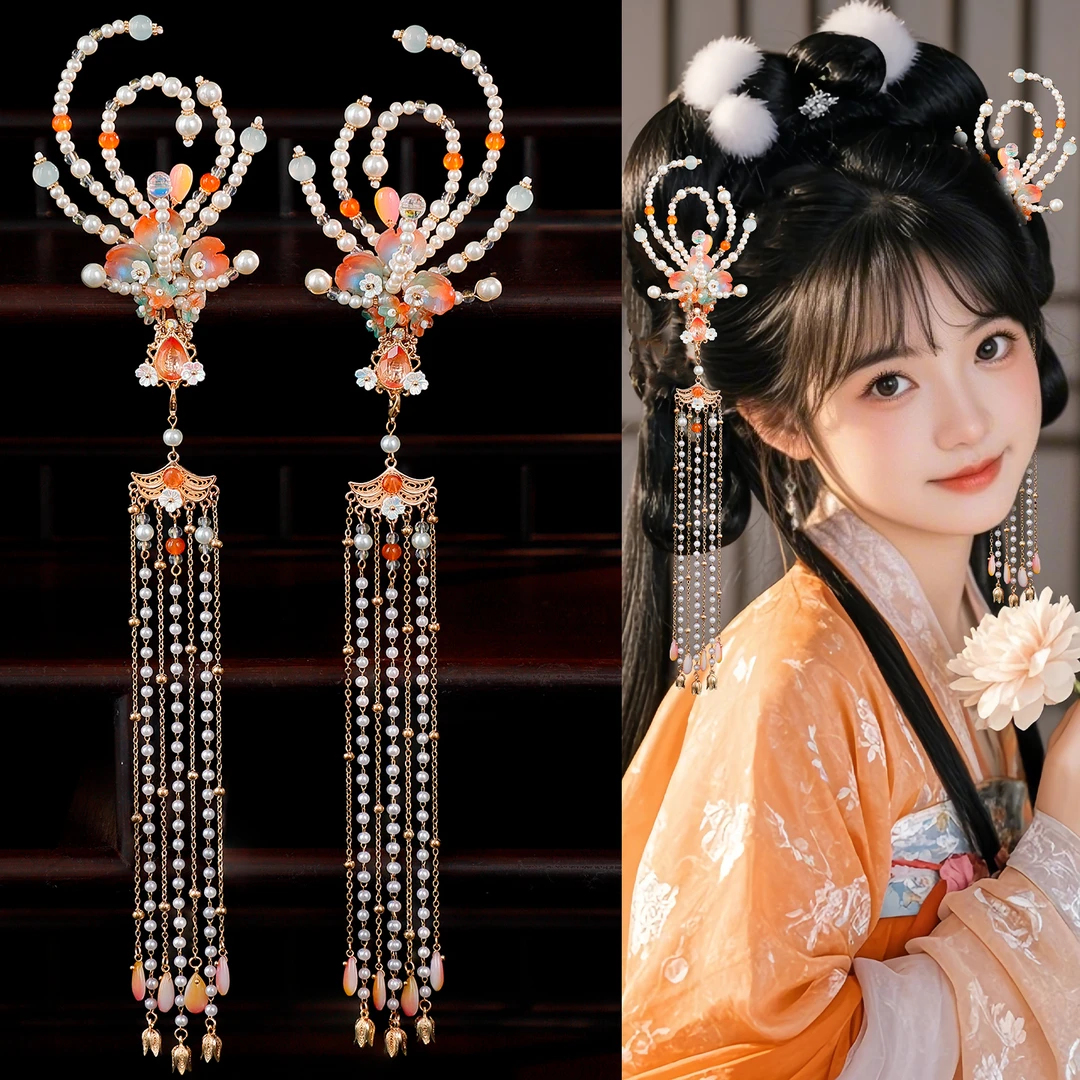 古风宋制夹子花朵长流苏对夹新中式旗袍汉服步摇手工珍珠发夹发饰
