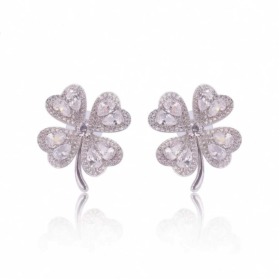 铜合金耳饰 2740-0107新款锆石四叶草新娘婚纱礼服耳饰