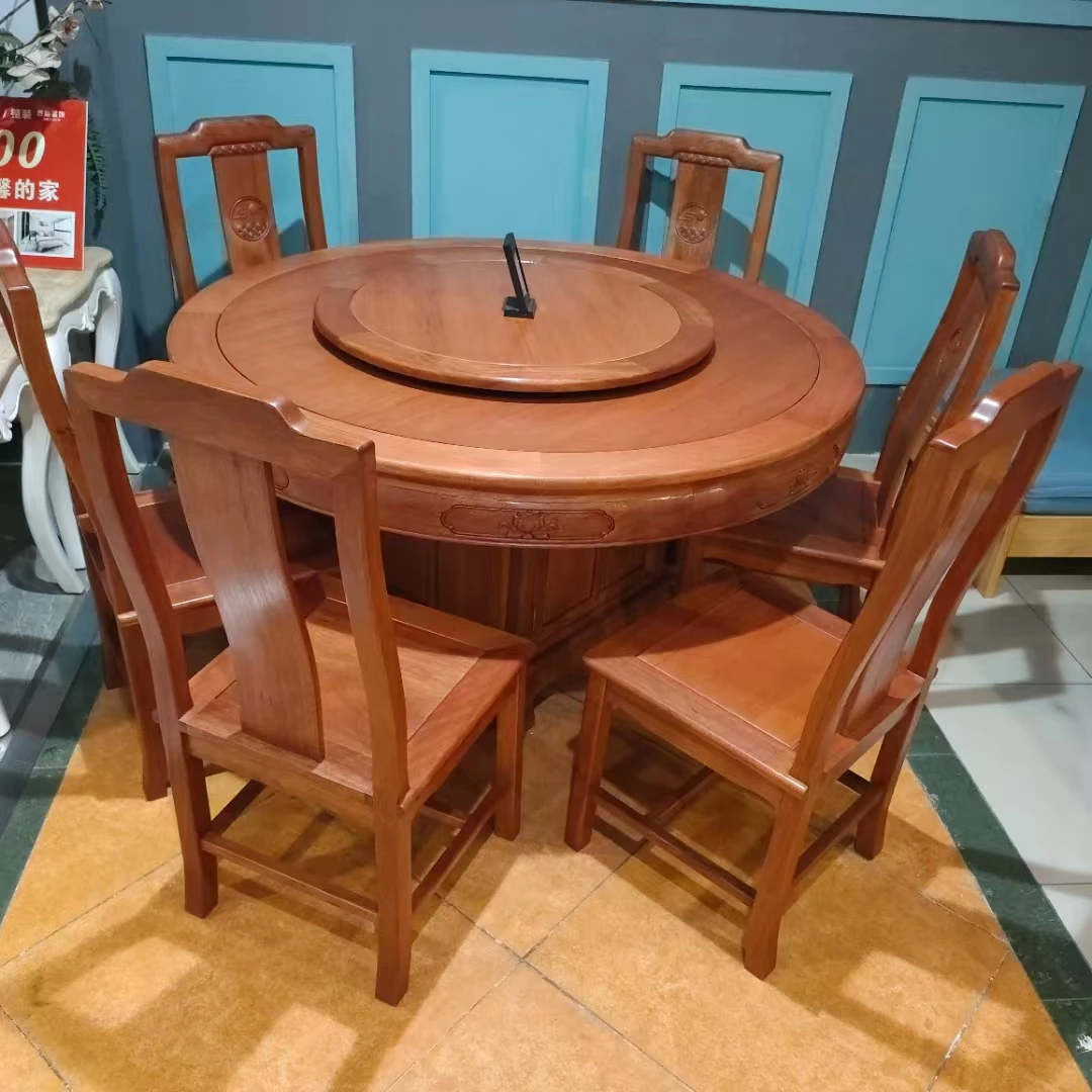 圆型可旋转新中式雕刻带转盘餐厅成套家具可储藏