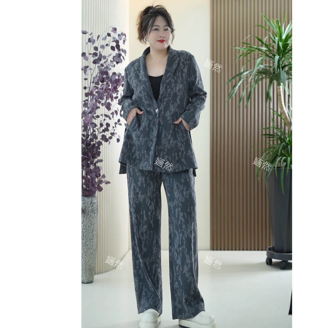 醋酸羊毛【套装】女大码显瘦西装暖软腰带西服外套提花秋季长阔腿裤