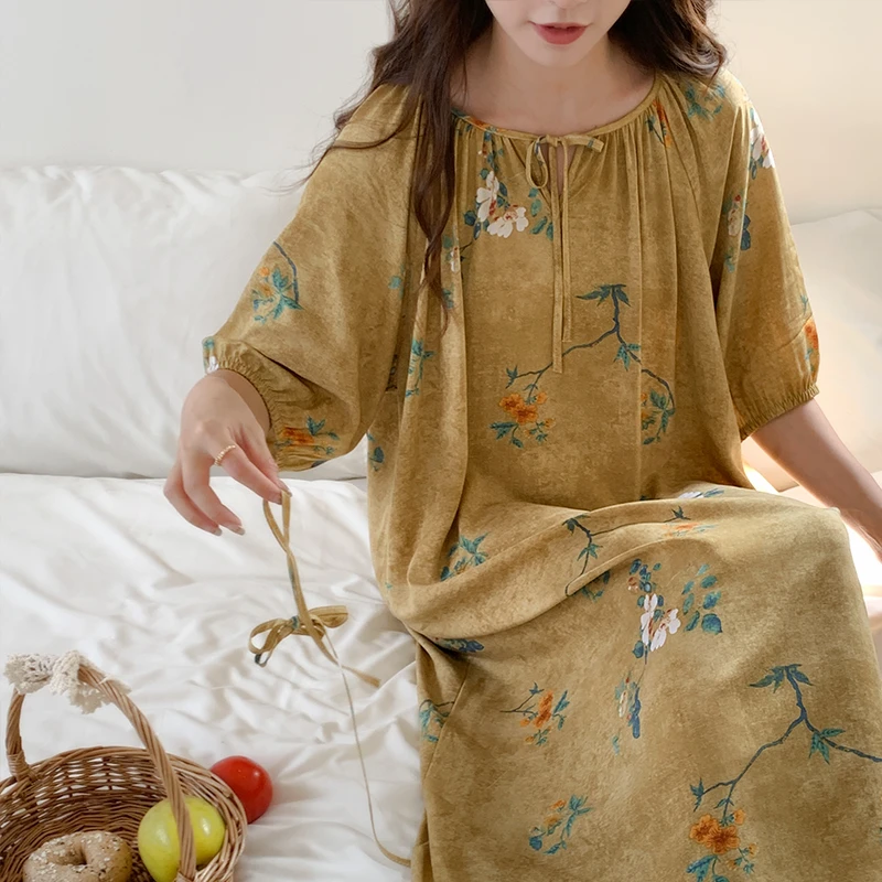 夏季带腰带款棉绸睡裙宽松人造棉居家外出连衣裙