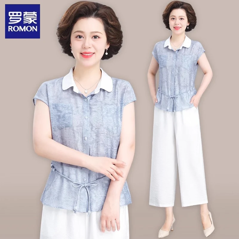 罗蒙中年妈妈夏装套装中老年人衣服夏女装短袖衬衫上衣夏季小衫