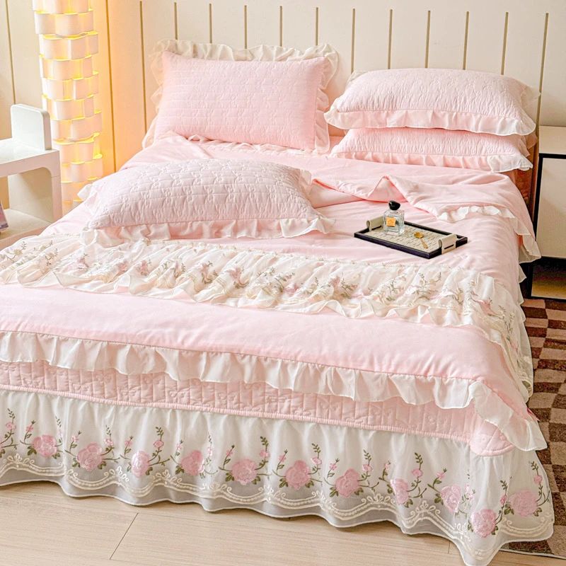 【被套款夹棉床盖四件套】蕾丝花边韩版公主风纯色刺绣被套床单套件