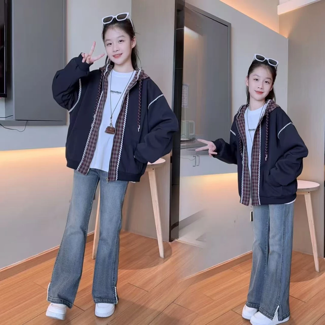 女童秋款拼接格子连帽外套中大童新款2025长袖复古学生休闲拉链衫