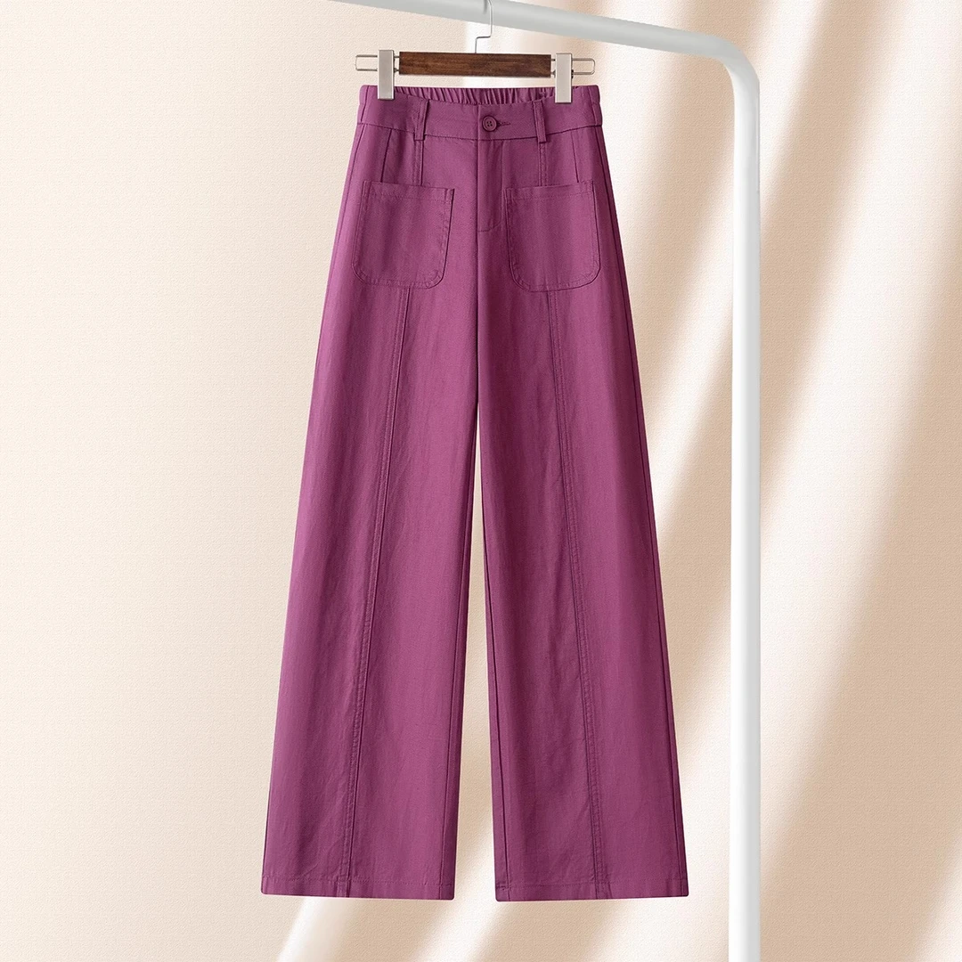 多巴胺风天 丝亚麻休闲直筒裤女夏2025新款半松紧高腰垂感阔腿裤
