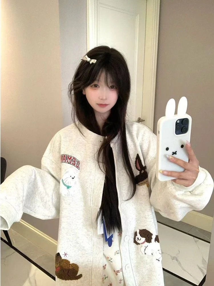 趣味卡通小狗毛巾绣开衫卫衣男女秋季宽松棒球服外套情侣夹克上衣