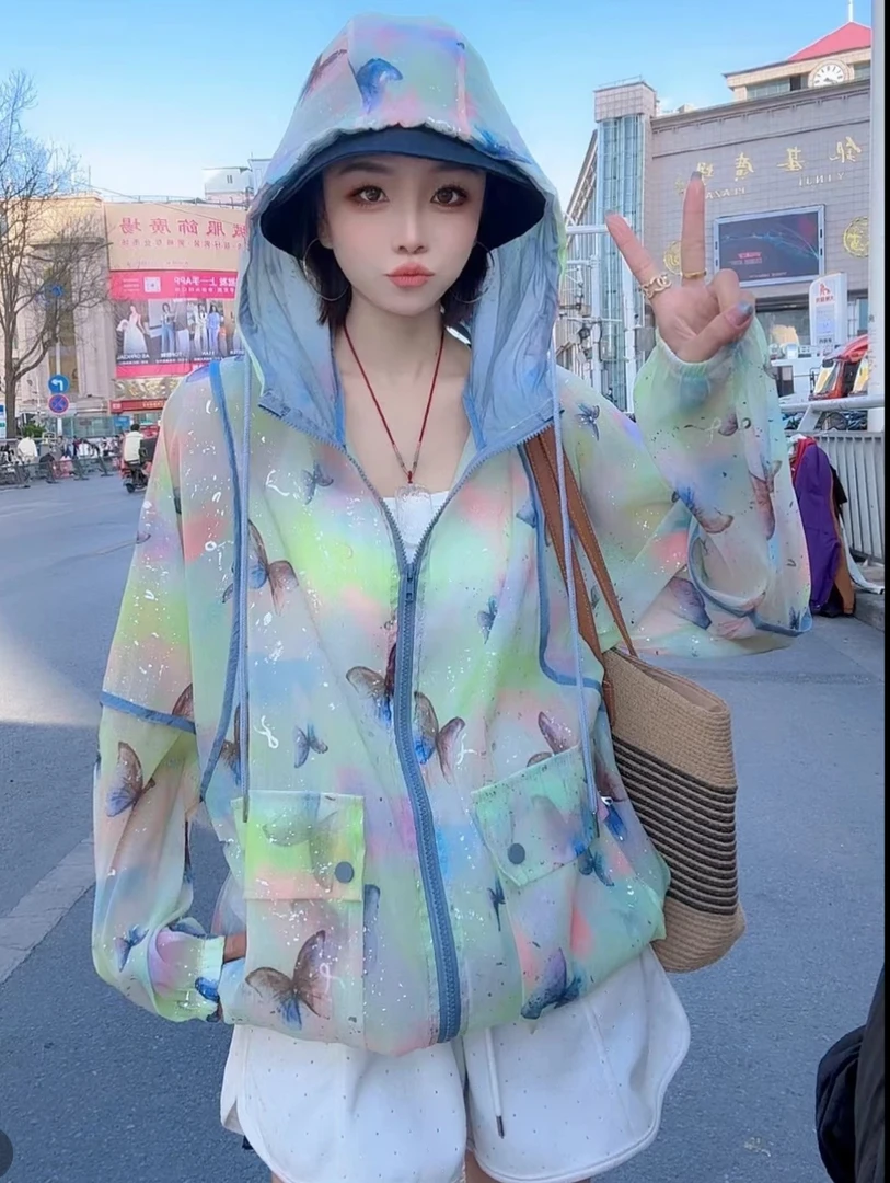 渐变蝴蝶印花连帽宽松时尚百搭透气薄款女士防晒服