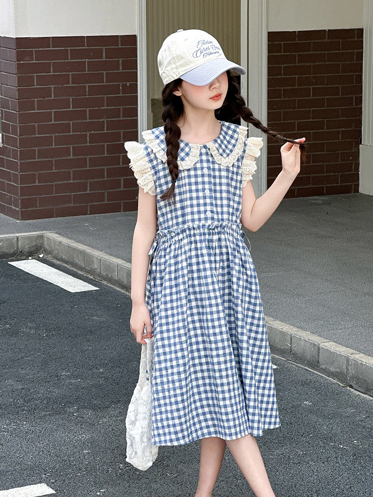 女童连衣裙洋气娃娃领夏季格子中大童连衣裙
