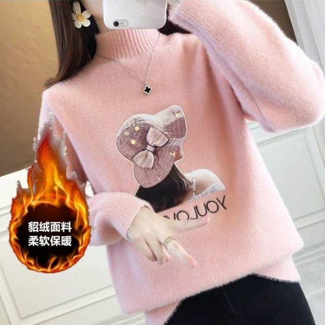 高级加绒加厚秋冬毛衣2025冬季衫女童感中大半童高领卡通打底新款
