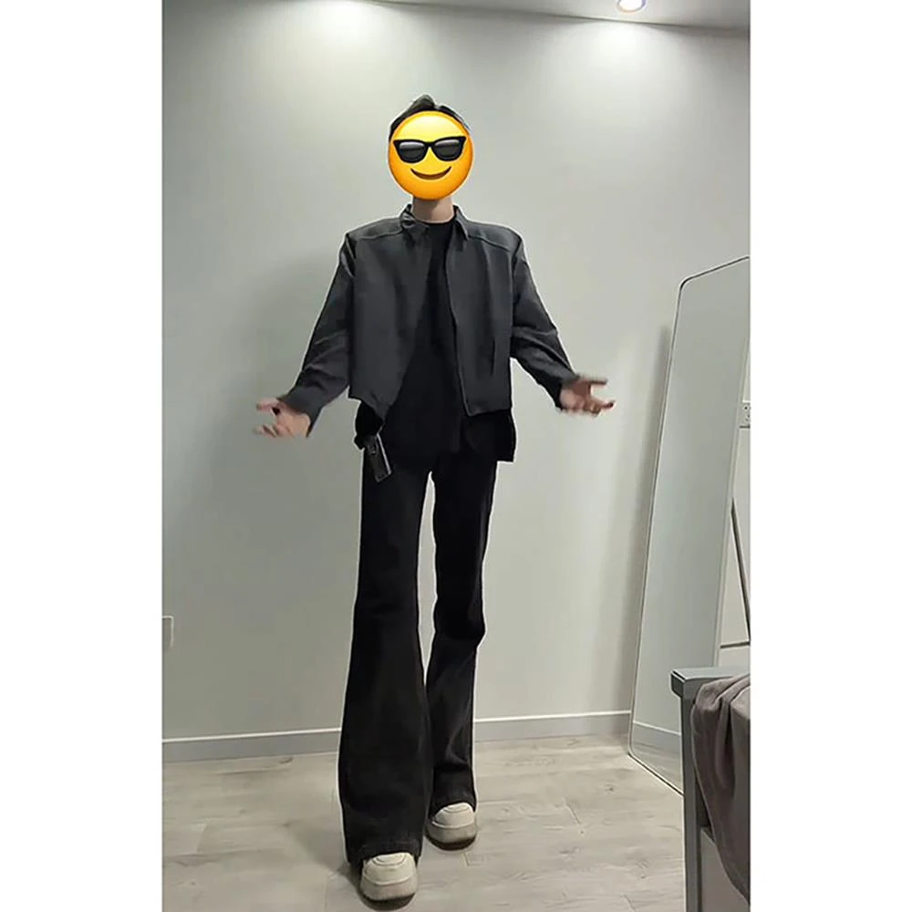 庞博文同款裤子男夏美式冰丝裤子直筒垂感黑色微喇弯刀裤夏季