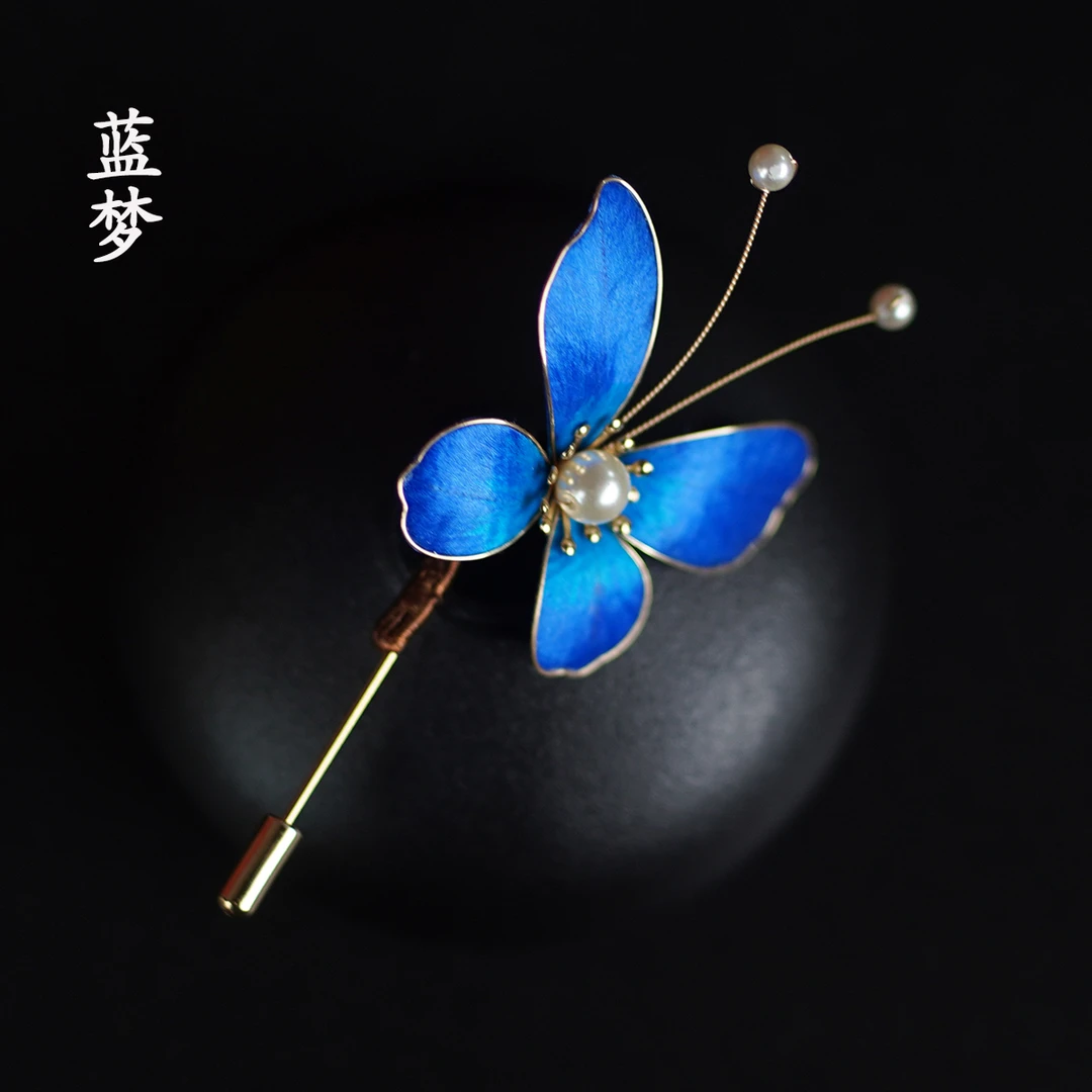 非遗绒花丨《蓝梦》 纯手工国风新中式绒花掐丝桑蚕丝线胸针