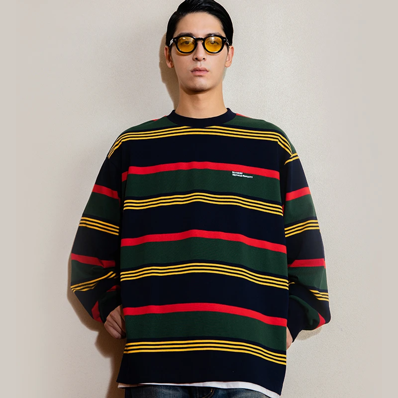 圆领IVY风格条纹长袖圆领宽松上衣cityboy情侣国潮百搭