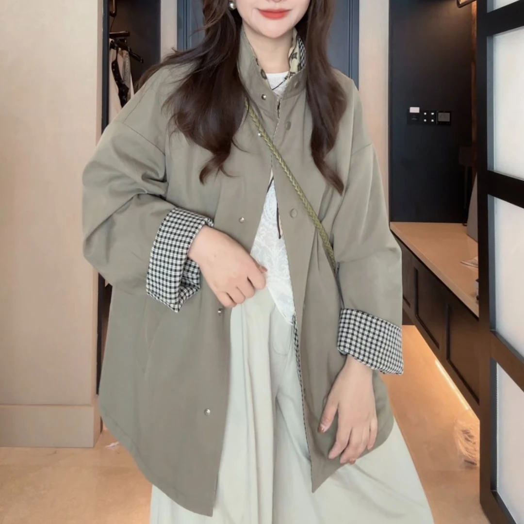 【昼夜拼图】莱赛尔两面穿风衣时尚休闲气质格子宽松中长款外套女