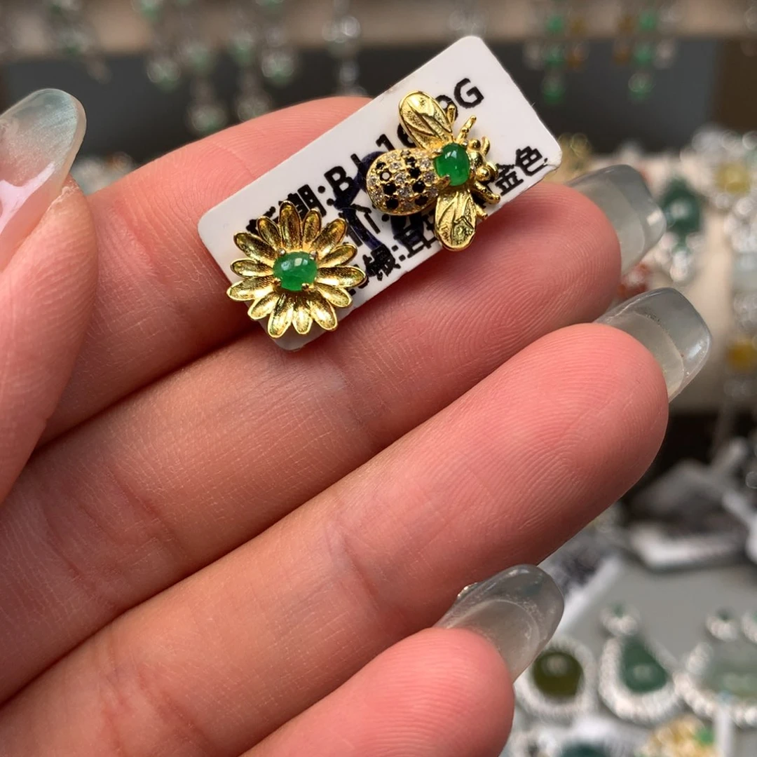 翡翠戒指银S925镶嵌耳钉