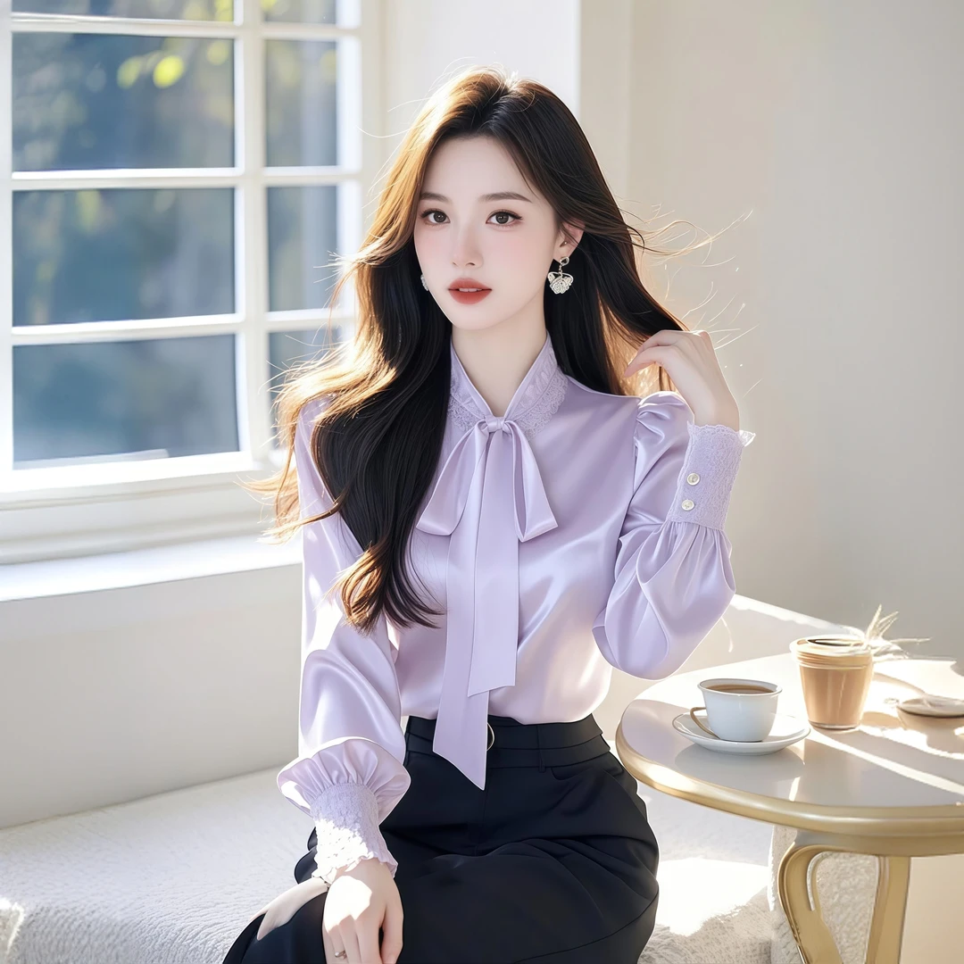韩系高级感洋气紫色醋酸蝴蝶结2025早春新款阔太太洋气高贵衬衫女