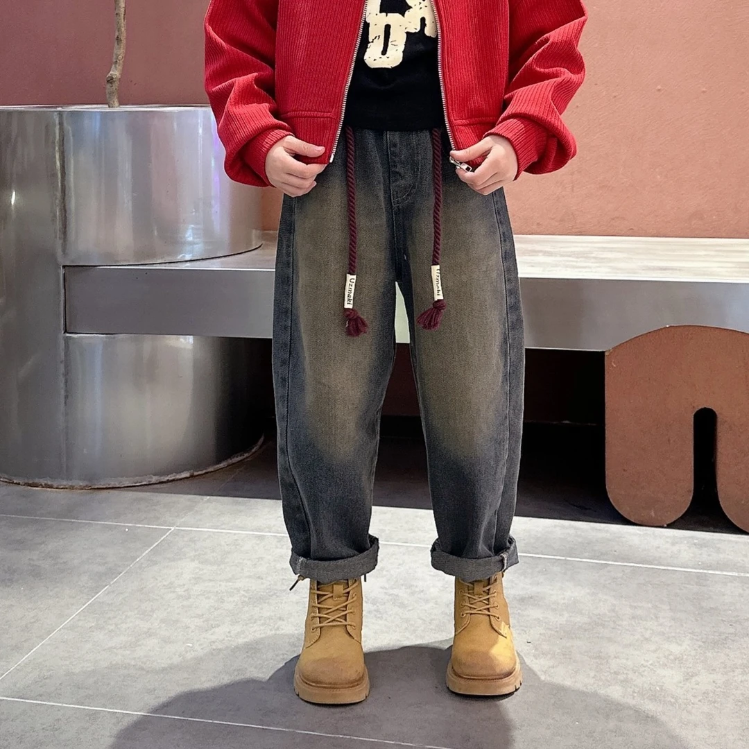 女童牛仔裤秋季2025新款儿童复古字母绣花裤抽绳小女孩时髦老爹裤