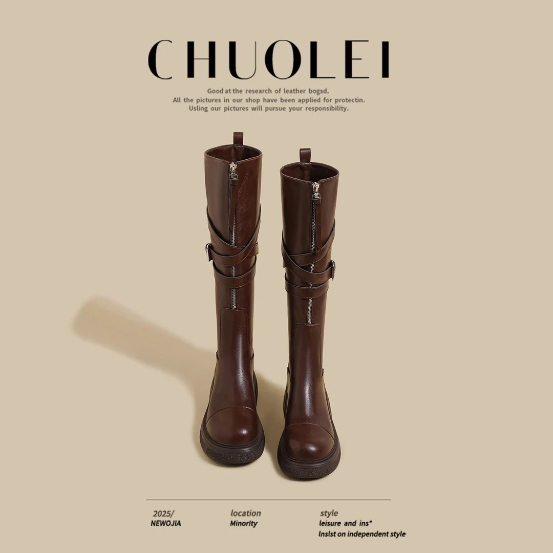 2025秋冬季新款不过膝西部牛仔长靴女复古棕色美拉德高筒骑士靴子