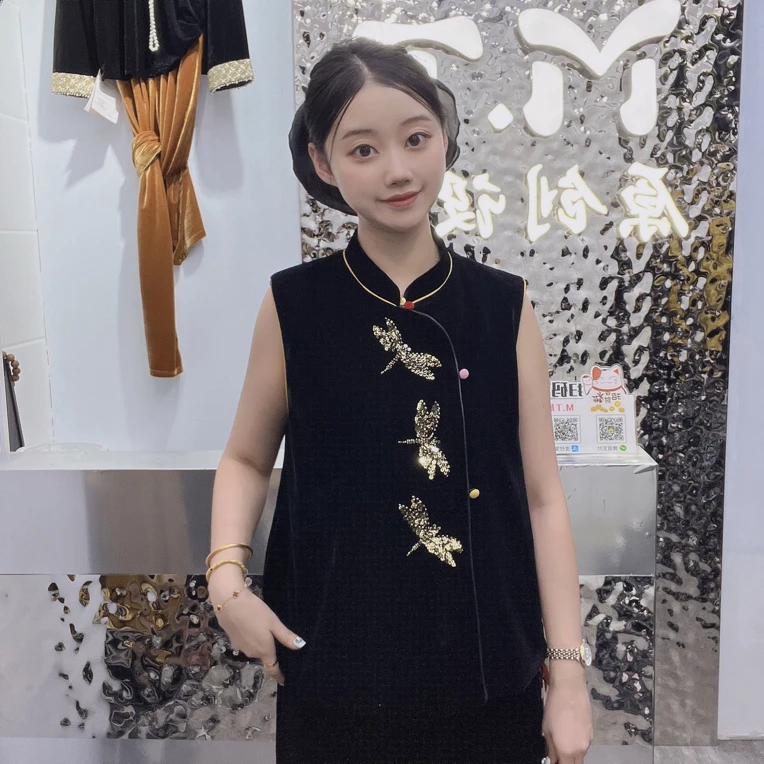 秋季新中式精致轻奢手工串珠蜻蜓丝绒马甲女(衣长约63cm)