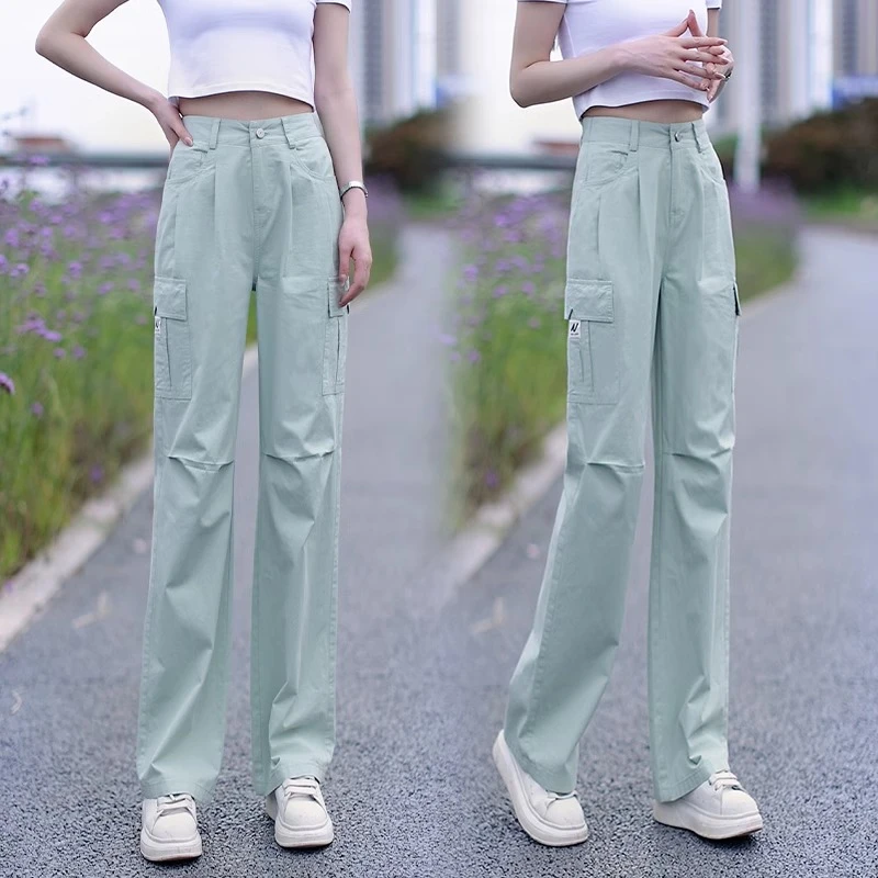 拉夏贝尔薄款阔腿工装裤女2025夏季宽松登山裤显瘦直筒时尚休闲裤