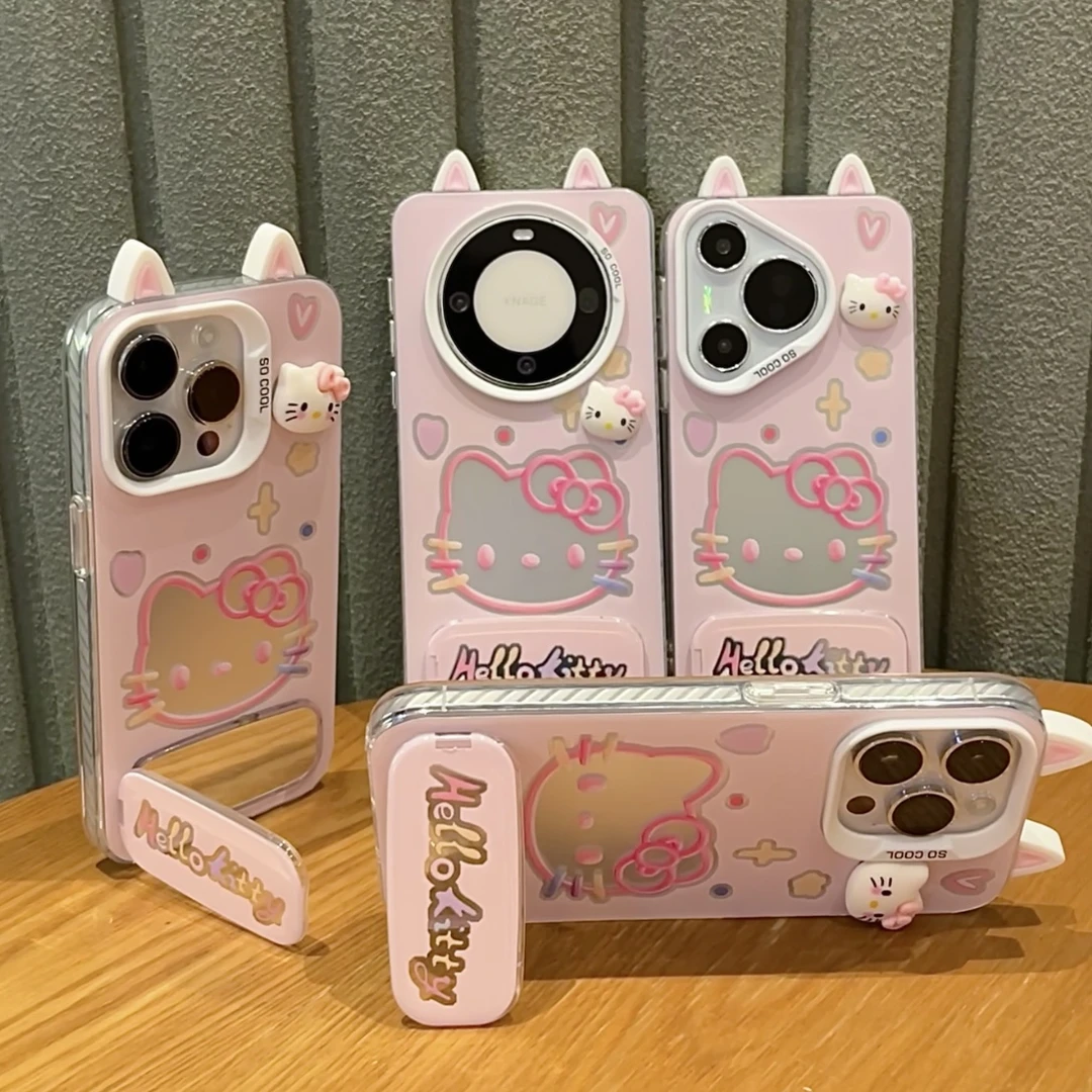 线条KT猫耳朵适用苹果16支架手机壳iPhone华为P70vivoppo小米15女