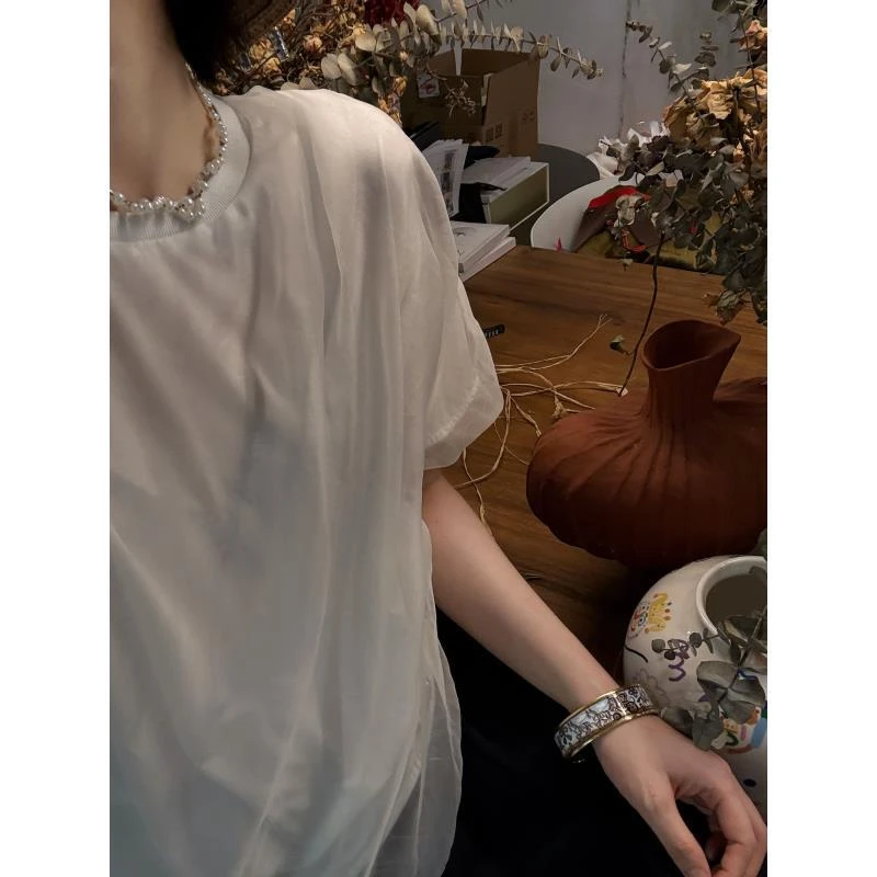 【桑蚕丝双层短袖】100桑蚕丝柔纱双层叠不规则短袖T恤  J25DX399