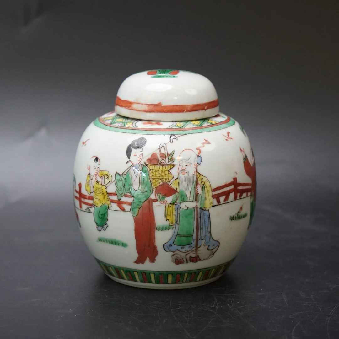 Lot.25070563民国五彩人物故事盖罐 高：约14.3cm