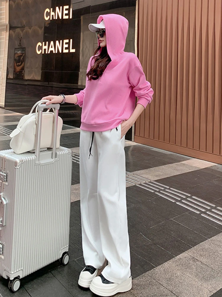 秋季搭配一整套粉色连帽卫衣白色阔腿裤洋气减龄显瘦休闲套装女