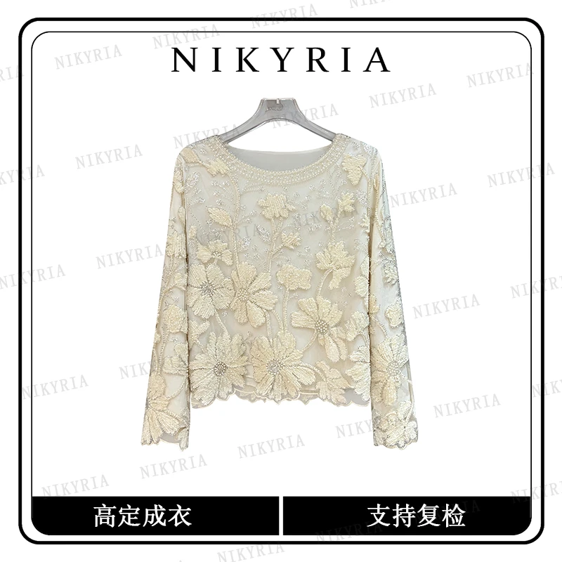 【花信年华】W韩系时尚T恤钩花显瘦高级感重工亮片长袖打底上衣女