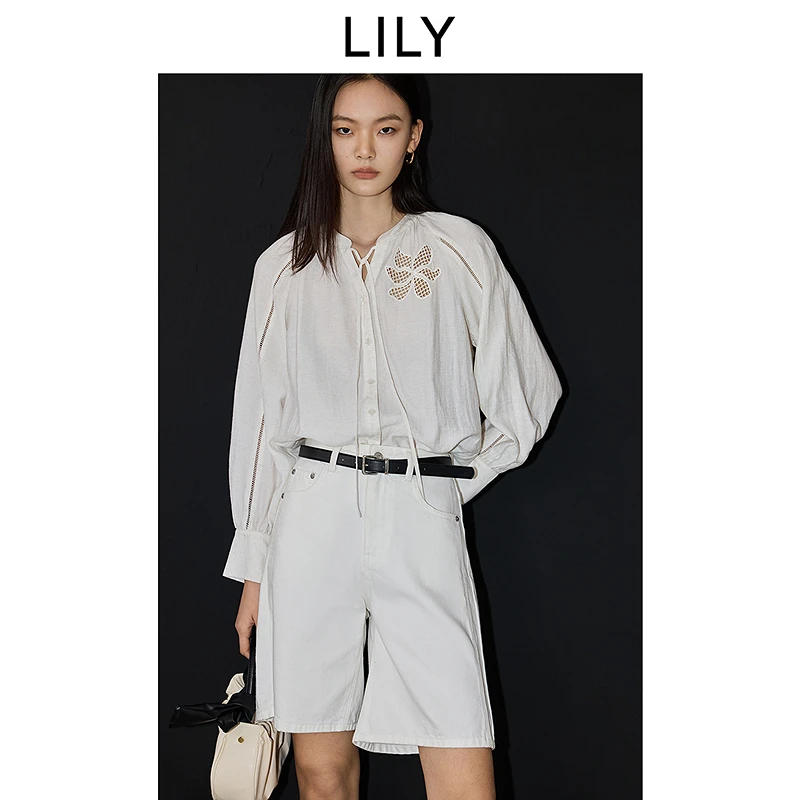 植物系衬衫LILY2025夏老钱风法式气质V领镂空绣花衬衫125139C4922