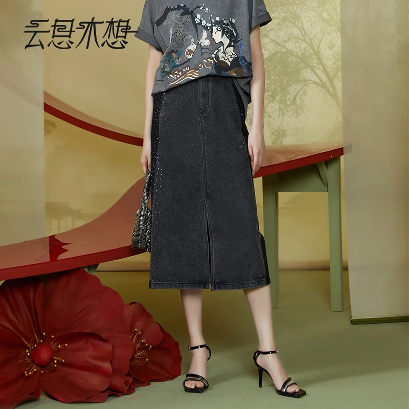 Ysimo-X云思木想新中式2024夏季新款拼色烫钻开叉牛仔半身裙11713
