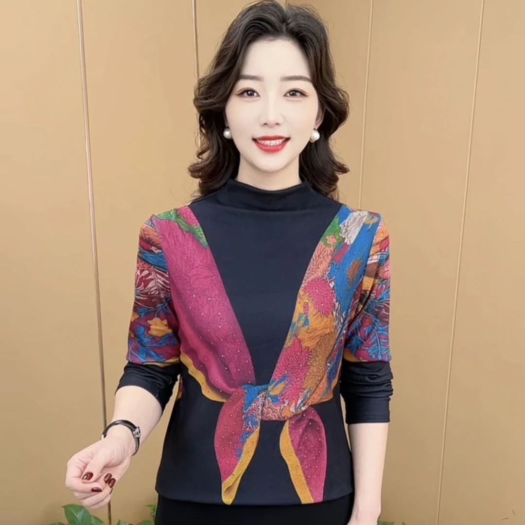 秋冬新款半高领时尚印花洋气妈妈装休闲显瘦女士打底上衣K6615