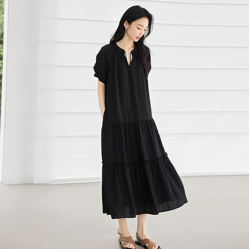 对白莱赛尔法式系带泡泡袖连衣裙女2025夏季新款宽松独特漂亮裙子