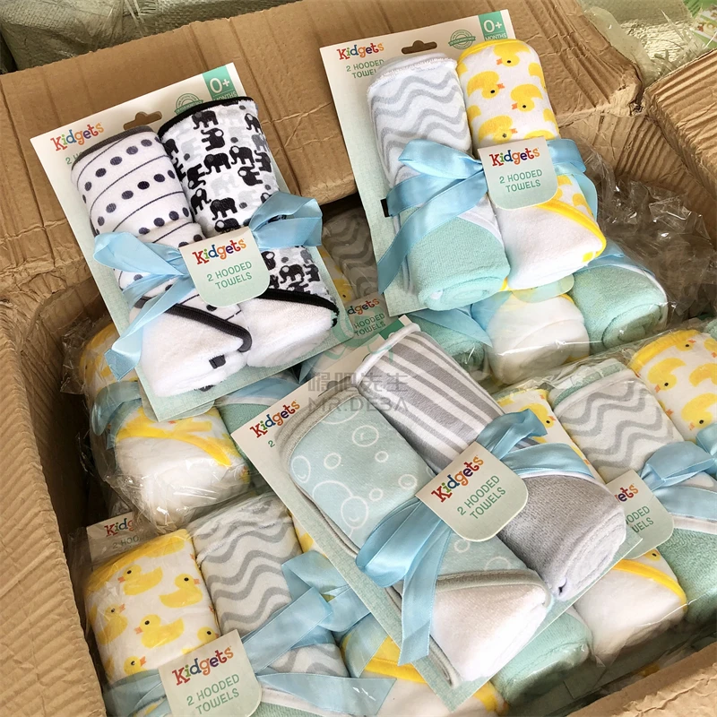 一卡2条装！卡通连帽纯色带帽浴巾沙滩巾毛巾抱被60*70cm