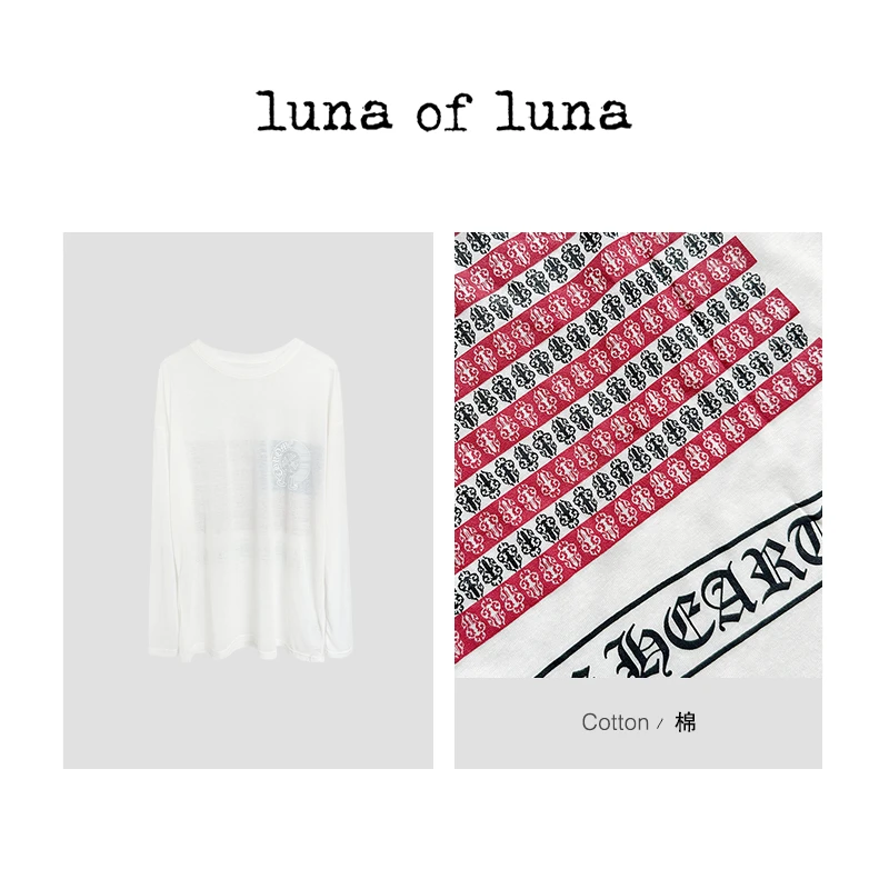 LUNA“漫游图腾”复古梵文十字架国旗印花修身长袖遮阳T恤 TX01673