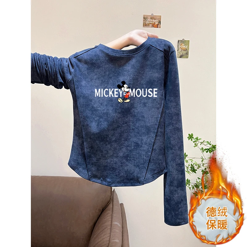 美式扎染德绒磨毛正肩长袖t恤女保暖内搭上衣加厚款打底衫秋冬季