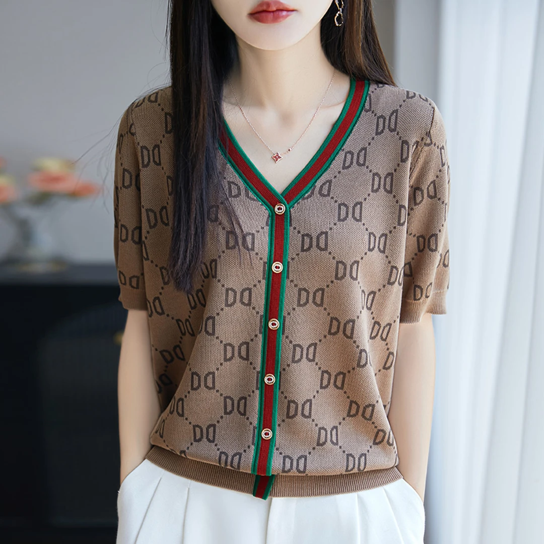 胖mm夏装大码冰丝针织衫女士短袖t恤2025新款遮肚子巨显瘦v领上衣