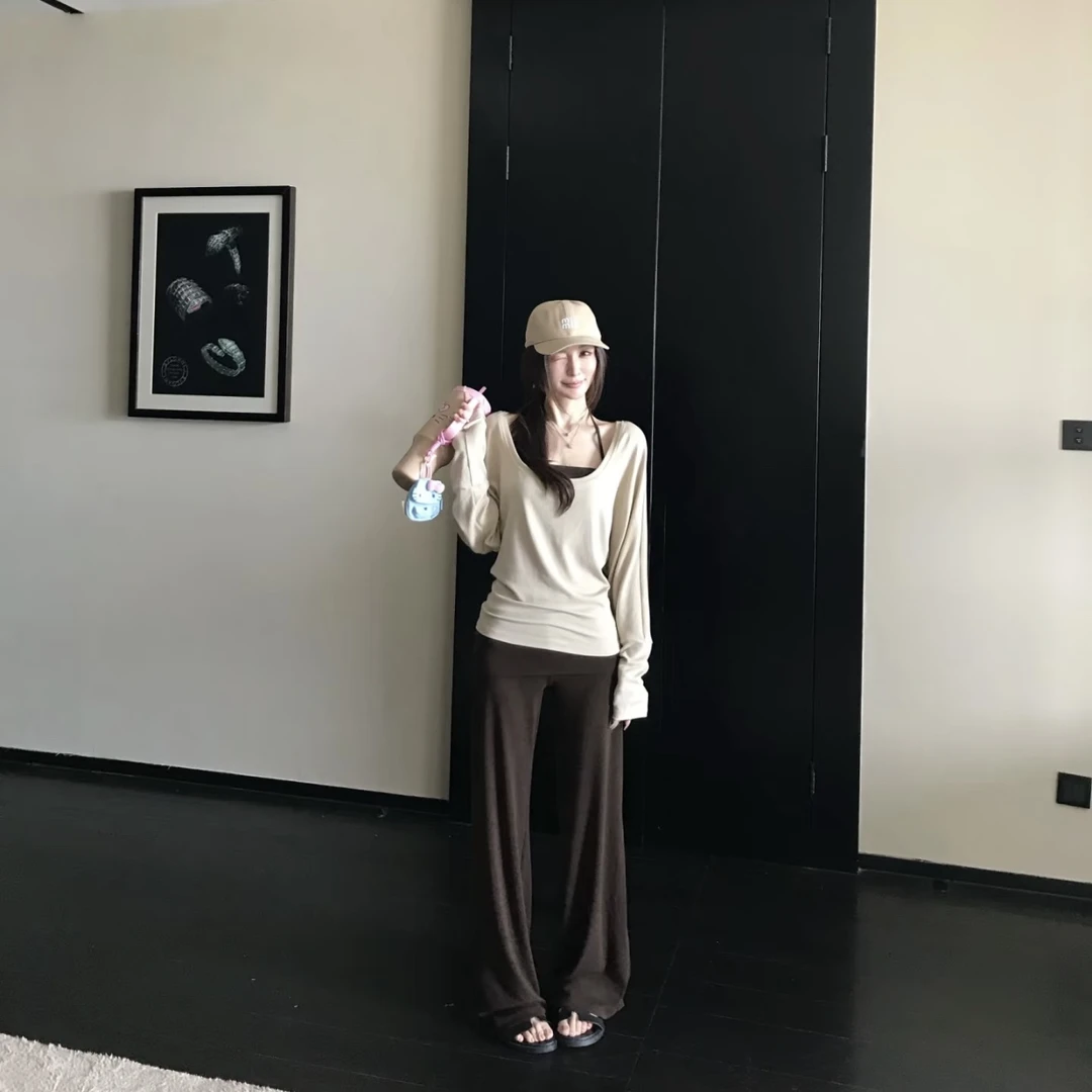 '姐系松弛'天丝醋酸羊毛纯欲慵懒长袖T恤挂脖背心3件套