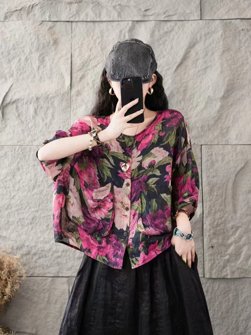 苎麻开衫文艺复古数码印花薄款口袋宽松显瘦百搭洋气减龄小衫夏季