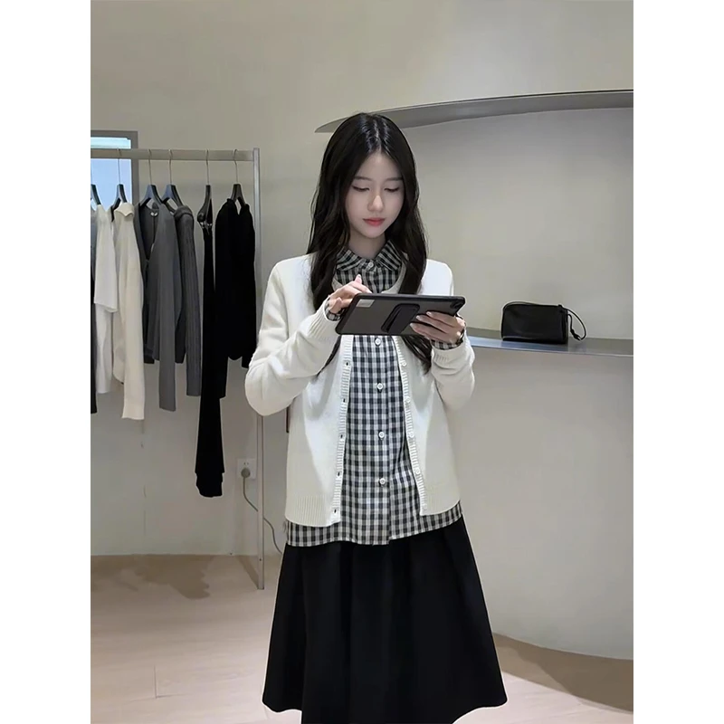 parkyeon韩系氛围感穿搭长袖针织开衫格子衬衫女秋季百褶半身裙