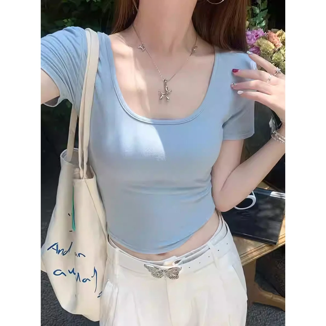 1120-短款U领t恤女短袖有弹春夏2025修身显瘦纯欲内搭纯色上衣棉