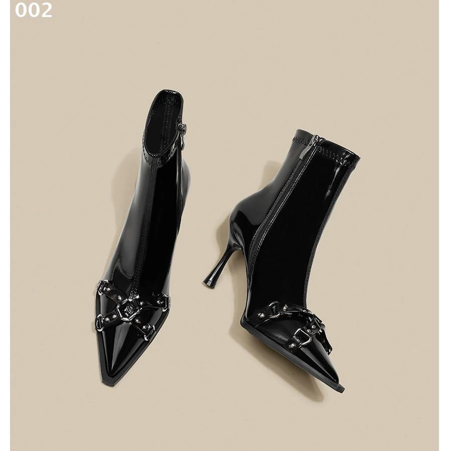 新款娅馆 黑色尖头细跟短靴女法式气质高跟瘦瘦靴子2025秋冬新款