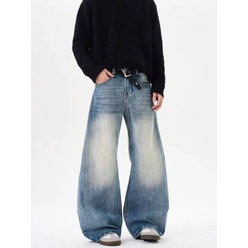 春秋美式高街cleanfit竹节纹做旧弯刀牛仔裤男直筒休闲廓形长裤子