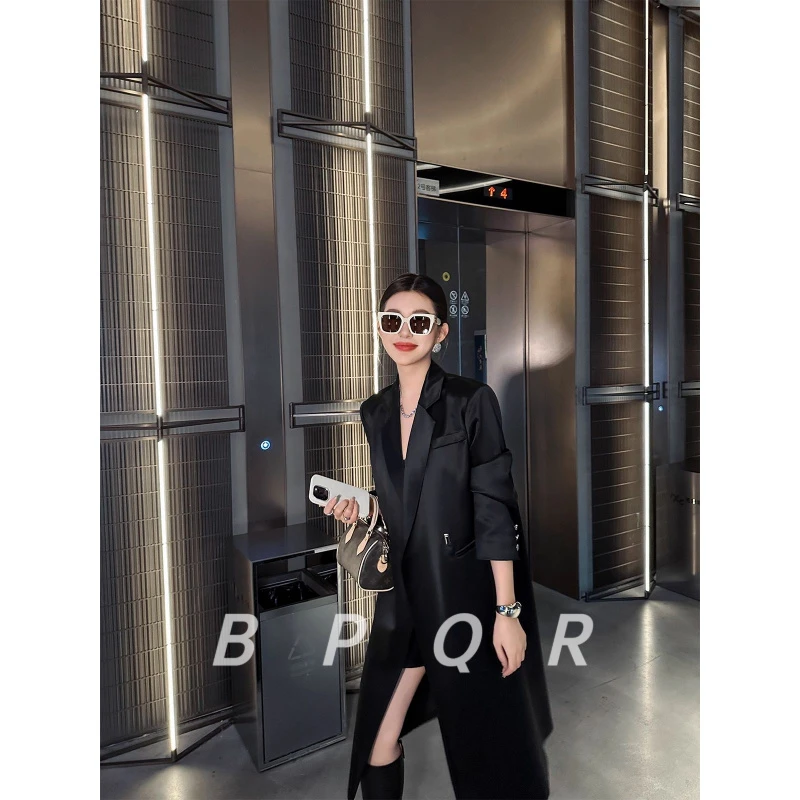 BPQR黑色醋酸缎面西装外套女长款春秋新款宽松过膝高级感气质大衣