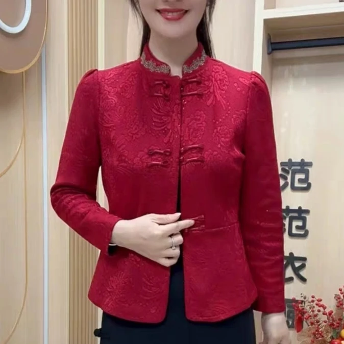 冬季新中式中老年加绒加厚盘扣改良旗袍开衫妈妈装遮肉显瘦外套