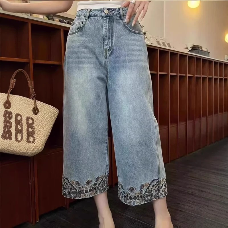 复古高腰刺绣直筒牛仔裤女夏季薄款大码胖mm显瘦九分宽松阔腿裤子
