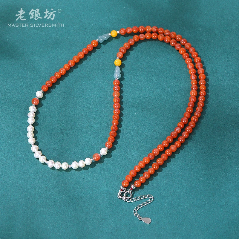 【老银坊】s925银南红珍珠翡翠葫芦项链 0021551