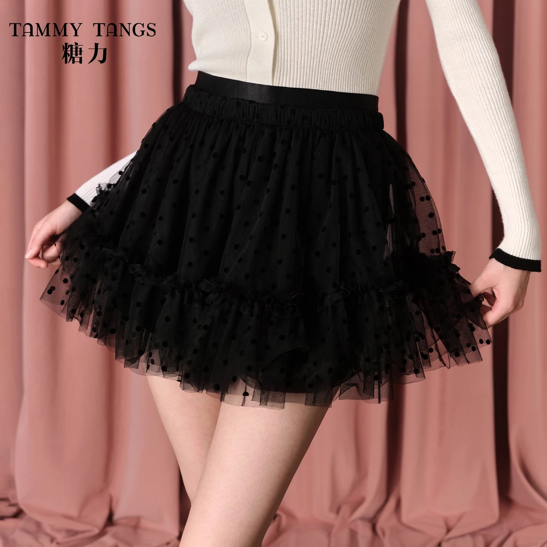【老板娘夏天】糖力黑天鹅蓬蓬裙短裙仙气甜美波点网纱半身裙女